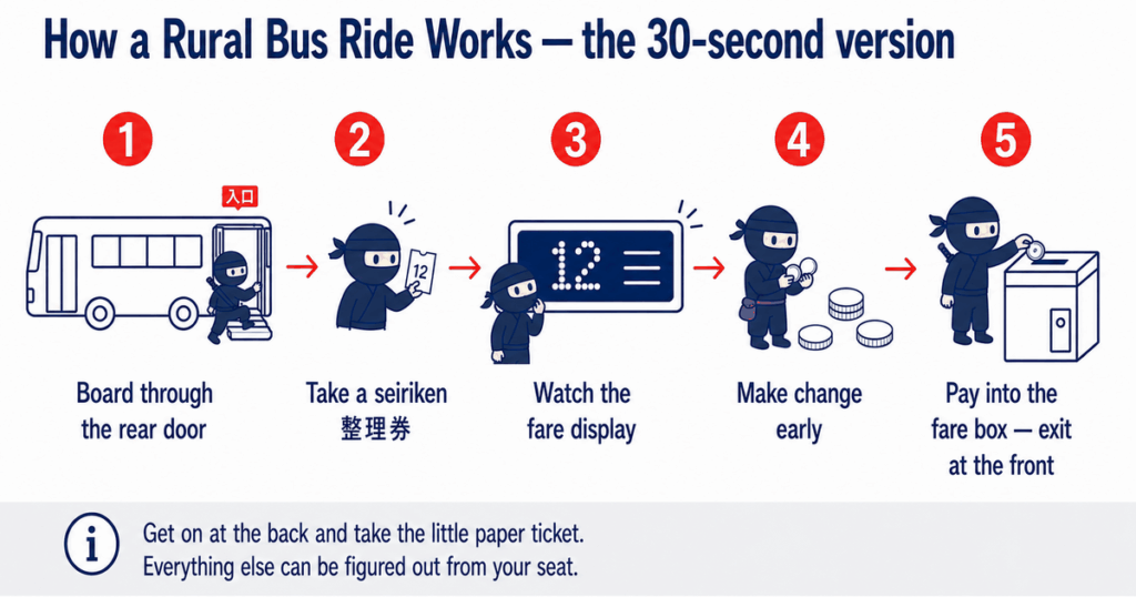 Five-step diagram of riding a rural bus in Japan: board through the rear door, take a seiriken, watch the fare display, make change early, and pay into the fare box as you exit at the front.