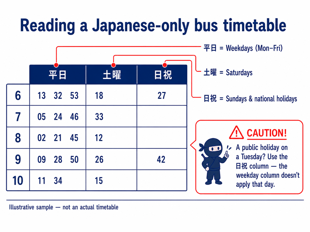 Annotated sample of a Japanese-only bus timetable, showing the three columns for weekdays, Saturdays, and Sundays and national holidays, with far fewer departures in the holiday column.