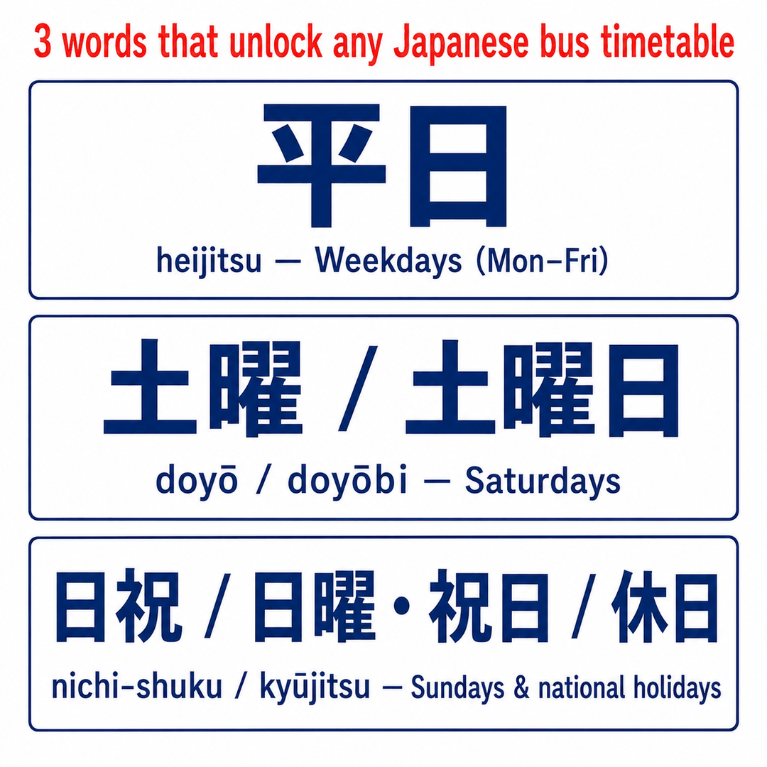 Reference card of the three Japanese timetable words: heijitsu for weekdays, doyō for Saturdays, and nichi-shuku or kyūjitsu for Sundays and national holidays.