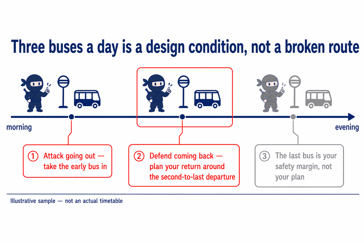 Illustrative timeline of a rural bus route with three departures a day, highlighting the rule of planning the return trip around the second-to-last departure and keeping the last bus as a safety margin.
